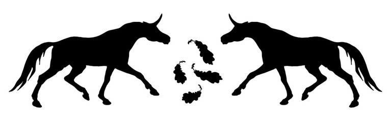 Fototapeta na wymiar isolated image of the figure, the black silhouettes of two running unicorns on a white background and oak leaves