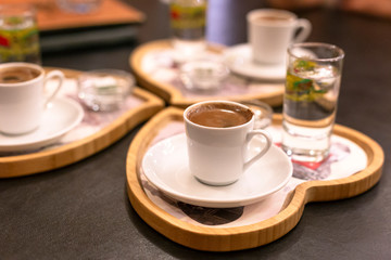 Traditional turkish coffee table setting. Heart shaped wooden tray.