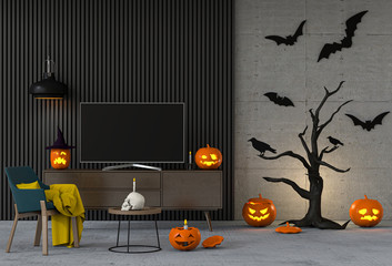 3D render Halloween party in living room  with pumpkins, jack-o-lantern