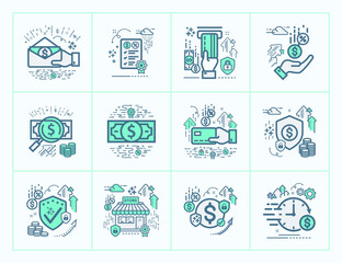 Set of vector line icons in flat design concept for business, finance, banking and accounting with elements for web apps and mobile apps / Modern infographic logo and pictogram Collection.