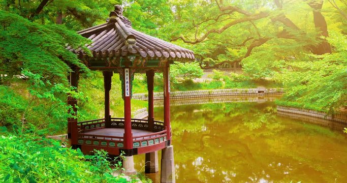 Pavilion and pond in the Huwon (Secret Garden) of the Changdeokgung Palace. Seoul, South Korea