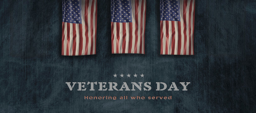 American National Holiday. US Flag background with American stars, stripes and national colors. Text: Veterans Day