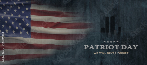 American National Holiday. US Flag background with American stars, stripes and national colors. Text: Patriot Day