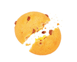 Broken cookies in flight on white background