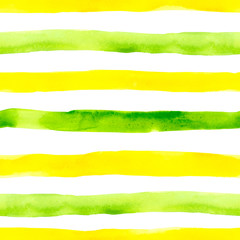 Obraz premium Bright watercolor striped seamless pattern with hand painted yellow and green strips on white background. Cute abstract repeat print with textured horizontal lines. Great for nursery design, textile.