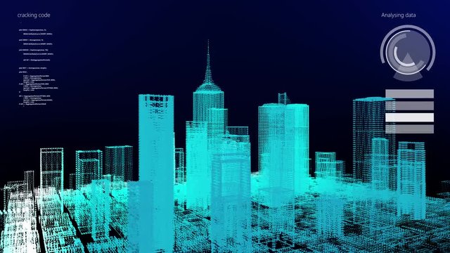3D skyscraper building simulation HUD digital Screen display smart financial business city analyze dashboard background. Smart technology IOT of sci-fi future startup city. 