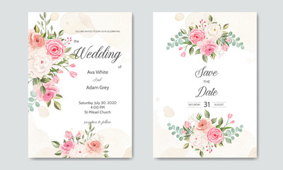 Fototapeta na wymiar wedding invitation card template set with beautiful floral leaves