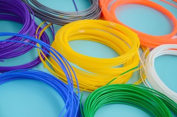 Plastic PLA and ABS filament material for printing on a 3D pen or printer of various colors