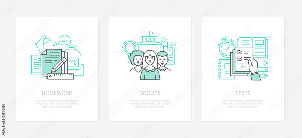 Poster homework assignment, task concept vector icons set