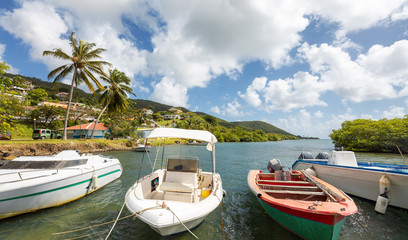 Fototapeta na wymiar Landscape from Martinique, Caribbean island - Small Fishing Boats at mooring