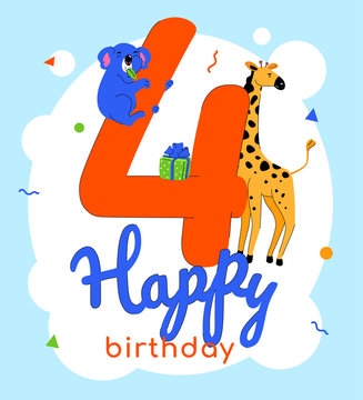 Children 4th birthday greeting card vector template