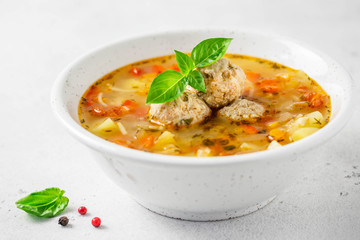 Meatball soup. Selective focus, copy space.