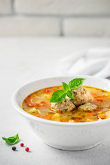 Meatball soup. Selective focus, copy space.