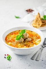 Meatball soup. Selective focus, copy space.