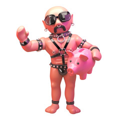 3d fetish gay man in leather outfit holding a piggy bank, 3d illustration