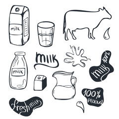 Milk Hand draw icon set with cow and splashes.