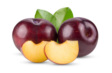 red cherry plum with leaf isolated on white background. full depth of field