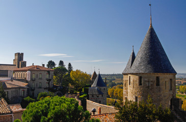 La Cité Carcassonne, Languedoc-Roussillion, France, Europe. Sunny day with blue sky showing...