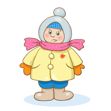  Funny warmly dressed baby in cartoon style. Isolated on white background. Children in winter.