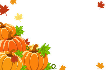 Naklejka na ściany i meble Pile of pumpkins with yellow leaves on a white background, space for text.