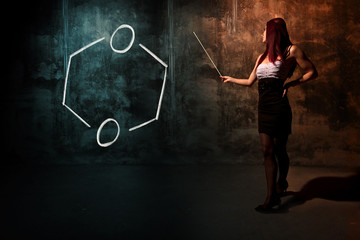 Sexy girl or secretary or female student presenting handdrawn chemical formula of Dioxane