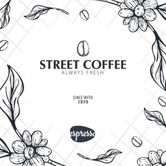 Coffee Sketch banner with coffee beans and leaves for poster or another template design.