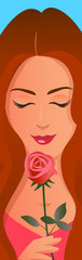 The face of a beautiful girl with long brown hair. In her hand she holds a red rose and enjoys the aroma of a flower. Vector vertical illustration on the theme of love.