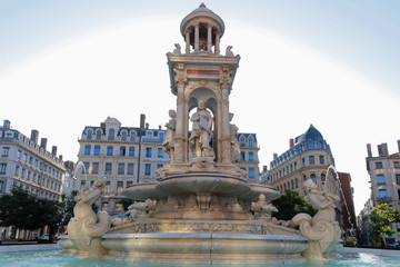 Fototapeta premium LYON, FRANCE, SEPTEMBER 6, 2019 : Fountain in Place des Jacobins. The square belongs to the World Heritage Site and is one of the most famous in Lyon.