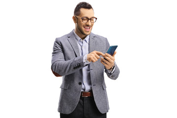 Young elegant man typing on a smartphone