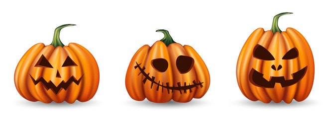 Set of halloween pumpkins with funny faces on white background.