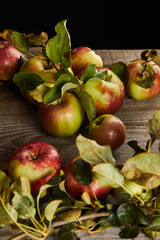 fresh apples with leaves near branch on wooden surface isolated on black