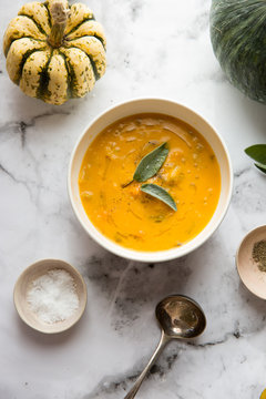 Hearty pumpkin and vegetable soup with sage.