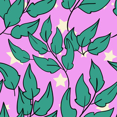 Seamless vector pattern with leaf and leaves, branch on pink  background. Good for printing. Wallpaper, fabric and textile  design. Wrapping paper pattern. Cute floral and botanical pattern. 