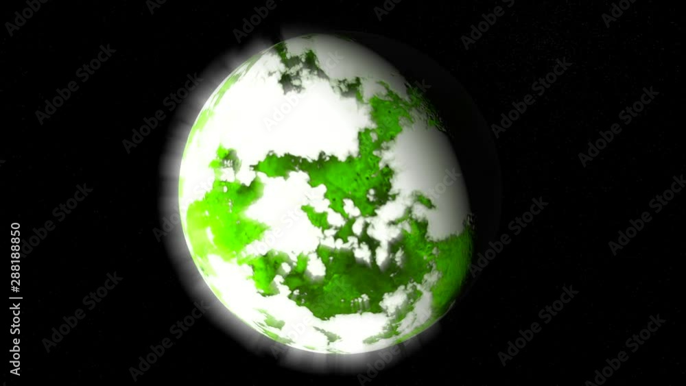 Poster abstract animation of green planet covering with ice and rotating on the black background. animation