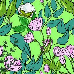 Seamless vector pattern with cotton flower, leaf, plant, grass on green background. Wallpaper, fabric and textile design. Good for printing. Wrapping paper pattern. Floral pattern. 