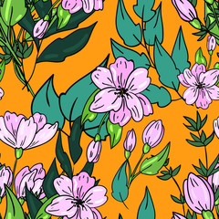 Vector seamless pattern with flower, blossom with leaves  on orange background. Good for printing. Wallpaper, textile and fabric design. Wrapping paper pattern. Cute floral pattern.