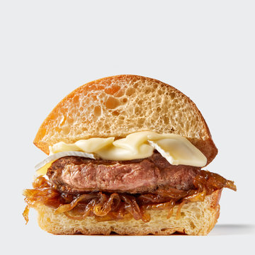 Homemade natural burger with onion marmalade and beef cutlet, ch