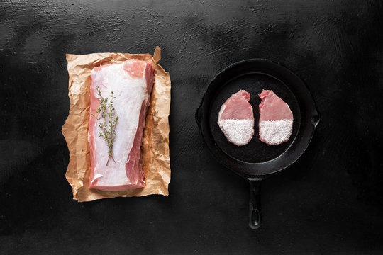 Raw pork loin steak in pan and meat on paper bag