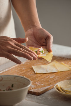 Preparation of making wonton wrappers / dumplings