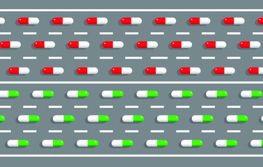Fototapeta premium Driving and drugs or medicament concept. Pill capsules on road vector vector illustration