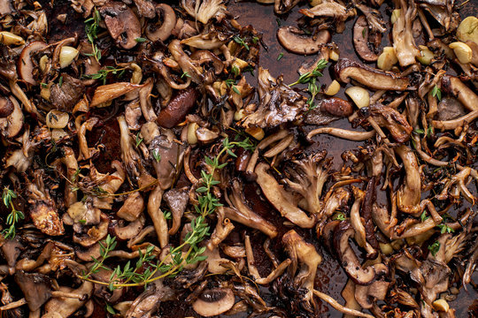 Stock Photo of Sheet Pan Roasted Mushrooms and Garlic