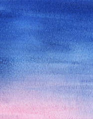 Abstract watercolor background. Sunset sky with gentle gradient from bright blue to mauve and pink. Hand drawn illutration with high resolution on textured paper with granulation