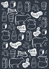 Milk background. Hand draw milk icon set. 