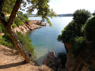 Paisaje de la Costa Brava catalana, España, con el mar azul, islas, aguas cristalinas, árboles y acantilados