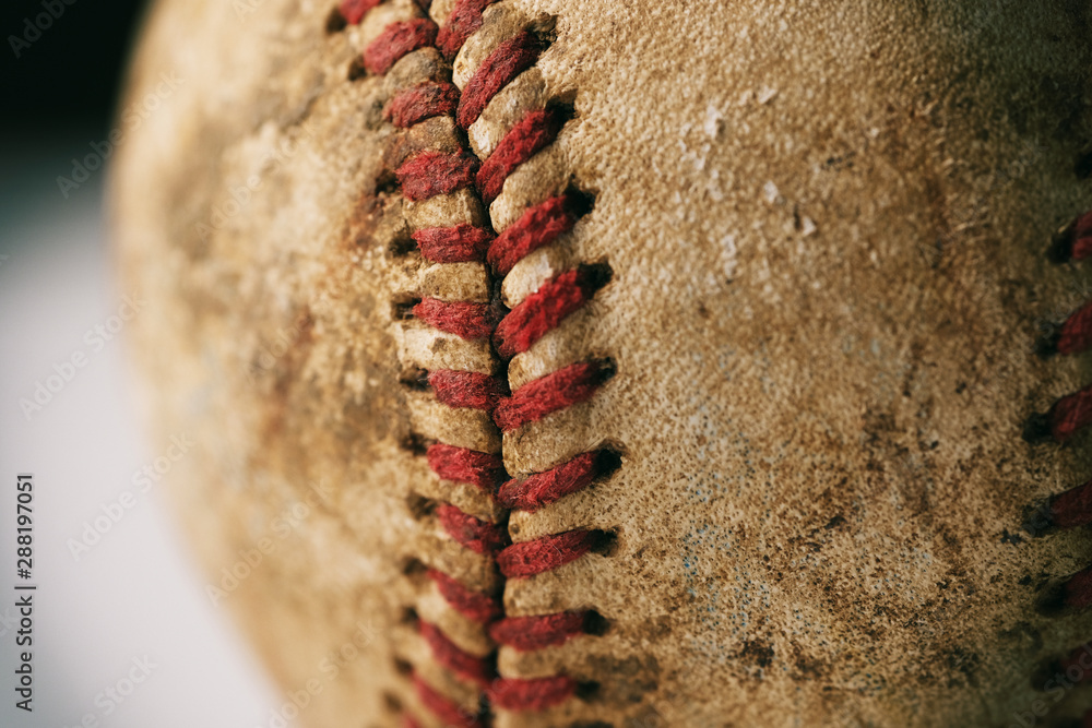 Poster Old dirty baseball ball close up for sport concept. - Posters