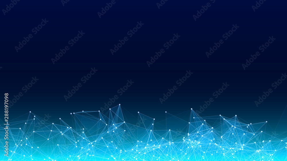 Poster vector abstract futuristic digital landscape with particles dots and stars on horizon. computer geom