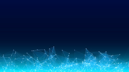 Vector abstract futuristic digital landscape with particles dots and stars on horizon. computer geometric digital connection structure. Futuristic blue abstract grid. Intelligence artificial
