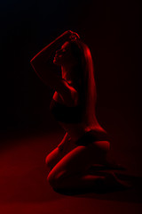 Young beautiful woman in lingerie posing in red back light