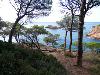 Paisaje de la Costa Brava catalana, España, con el mar azul, islas, aguas cristalinas, árboles y acantilados