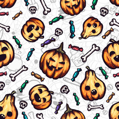 Halloween hand-drawn vector seamless pattern with cartoon doodles.